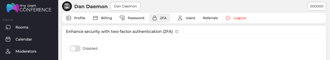 The 2FA tab of the profile, with two-factor authentication still switched off