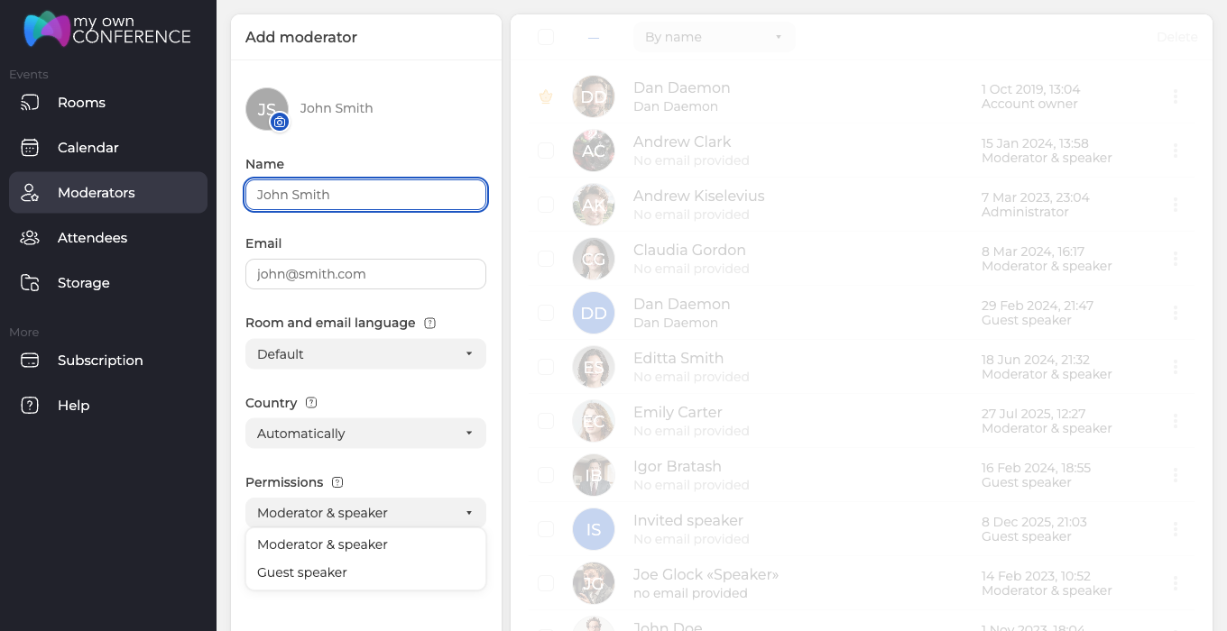 The Add moderator form with the Permissions list open on Moderator & speaker and Guest speaker