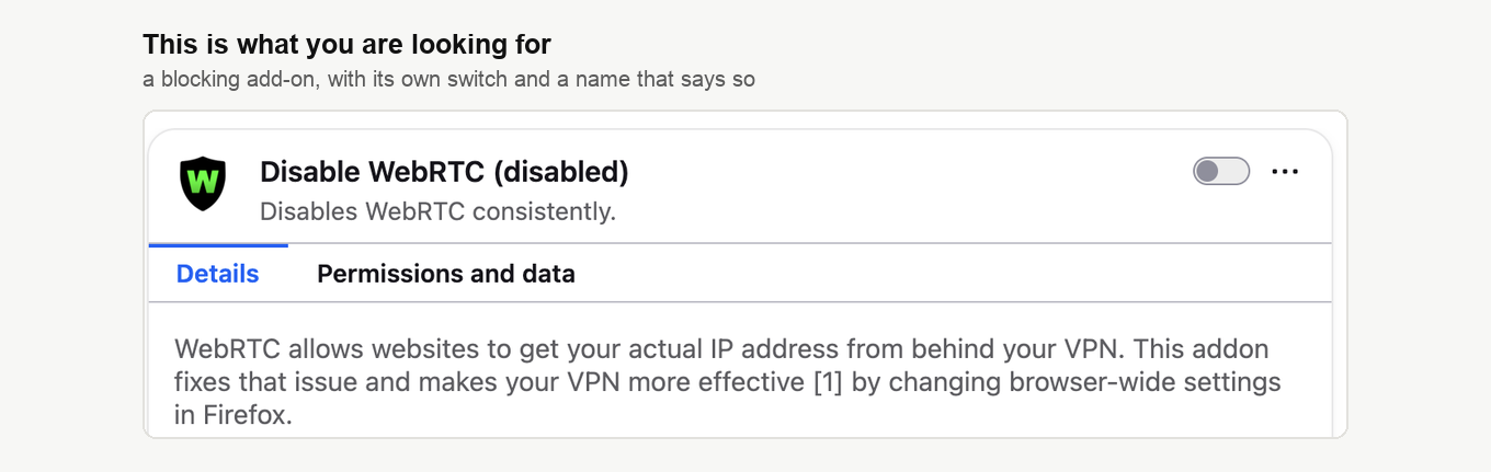 La página de complementos de Firefox con la extensión Disable WebRTC y su propio interruptor