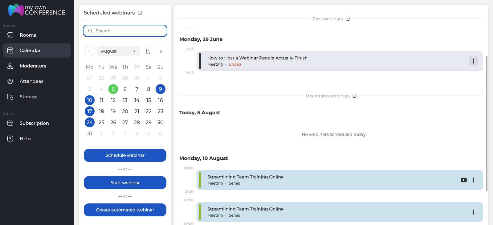 La section Calendrier avec les boutons qui planifient un webinaire, en lancent un tout de suite ou créent un webinaire automatisé