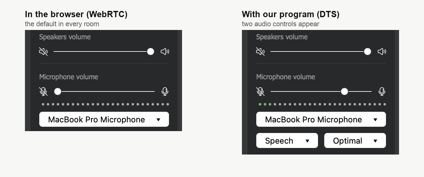 The Devices settings block of the room menu in the browser and with the plugin running, side by side, showing the two extra audio controls the plugin adds