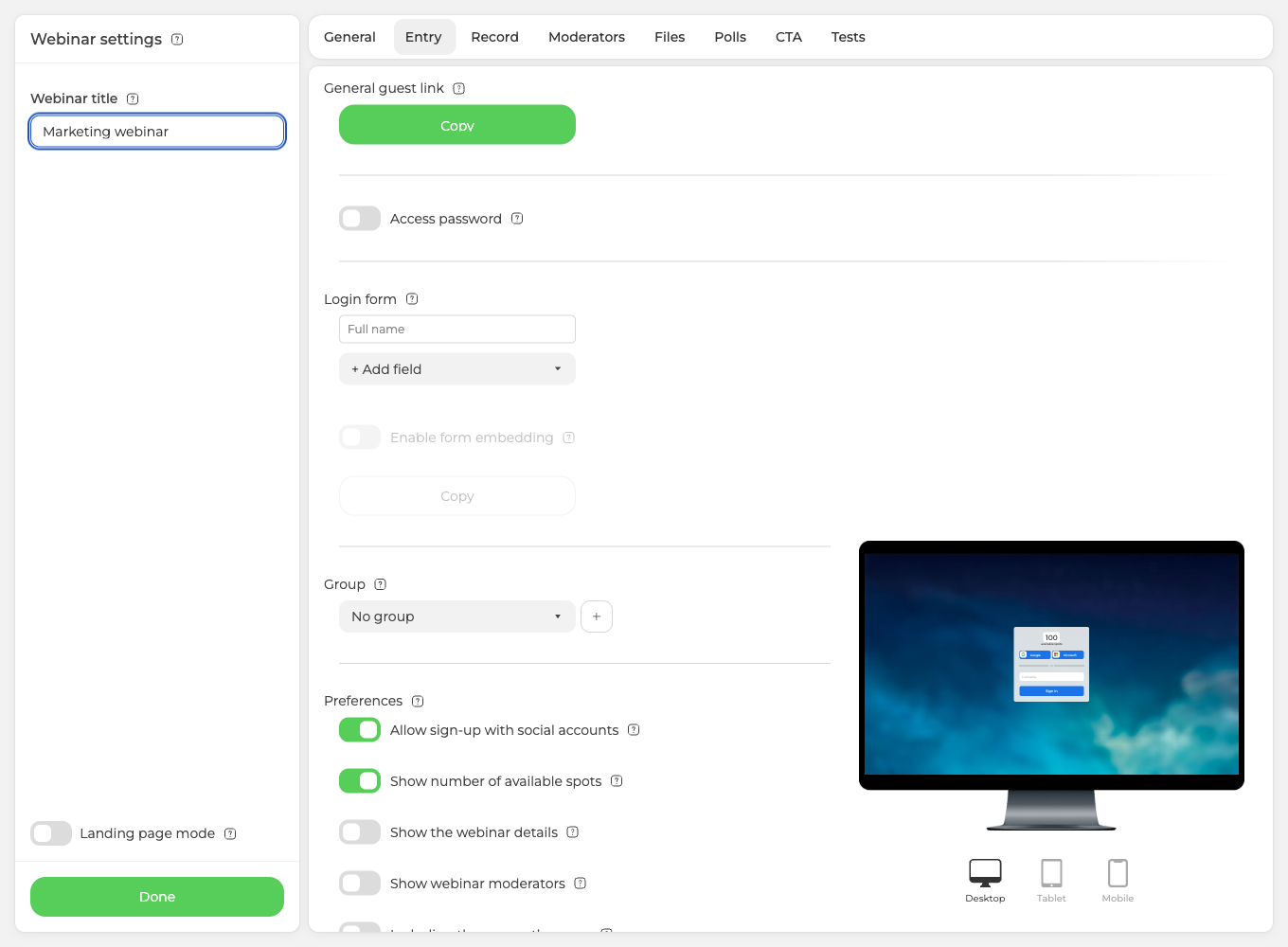 The Entry tab of the room settings, with the login form and a preview of the branded registration page