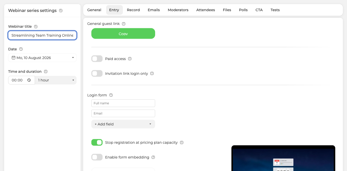 Der Reiter „Eingang“ der Webinar-Einstellungen, das Registrierungslimit unter dem Anmeldeformular eingeschaltet