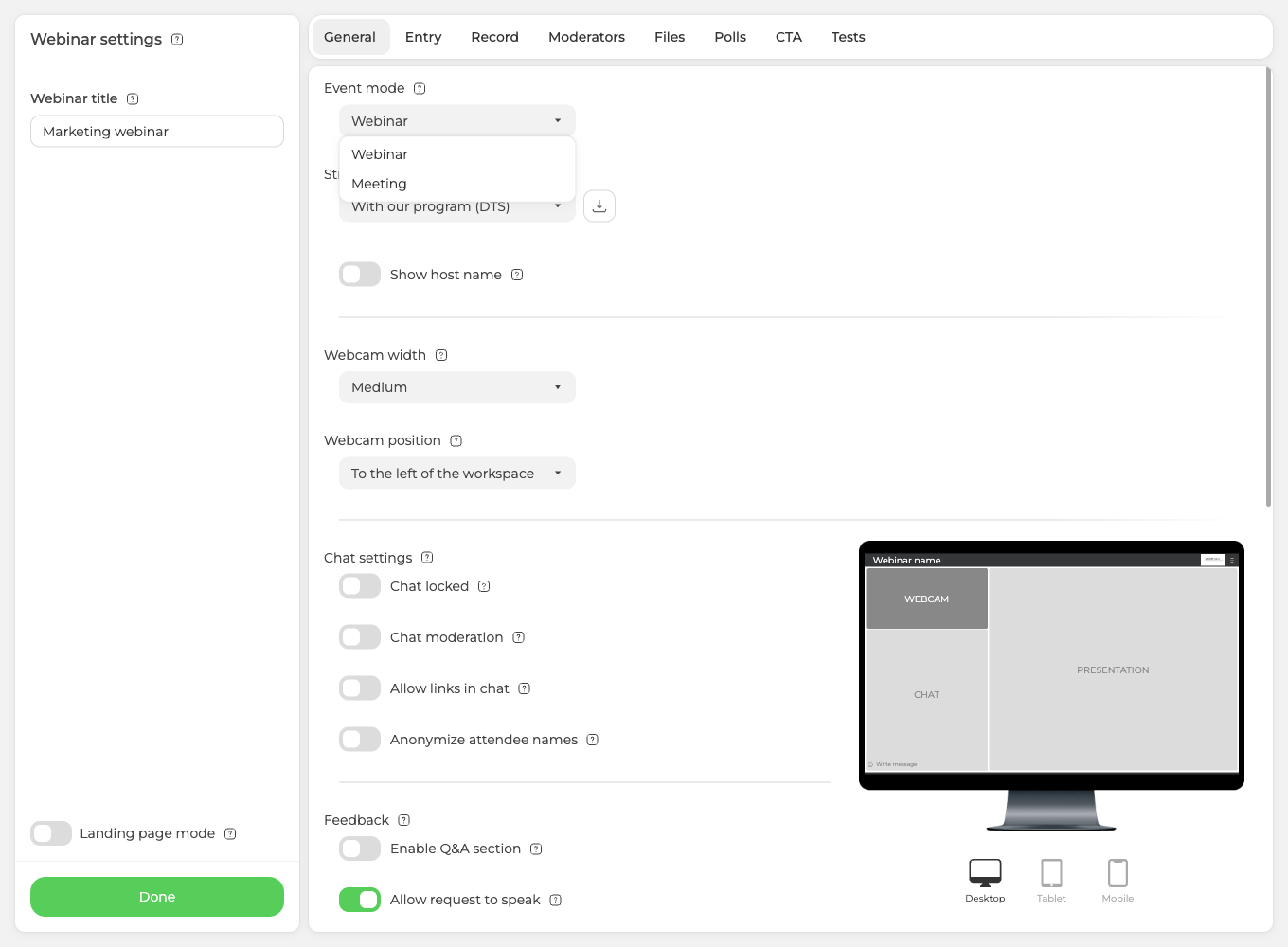Вкладка General у налаштуваннях кімнати з розкритим списком Event mode і варіантами Webinar та Meeting