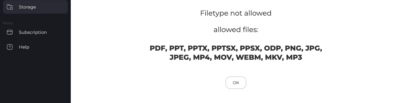 Die Meldung Filetype not allowed mit allen vierzehn erlaubten Formaten