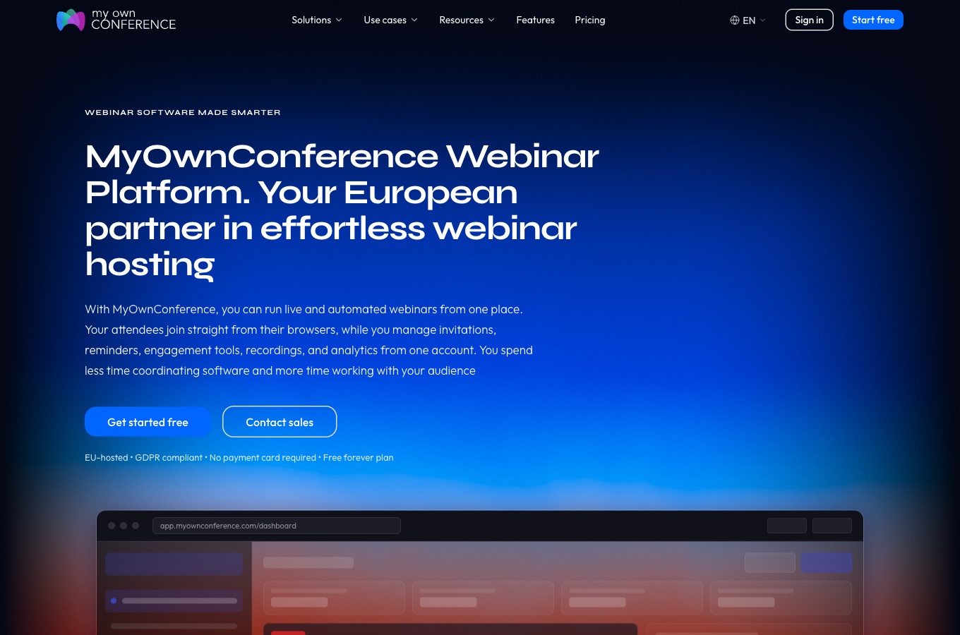 Strona główna MyOwnConference z nagłówkiem o europejskiej platformie webinarowej, przyciskami Get started free i Contact sales oraz makietą panelu poniżej