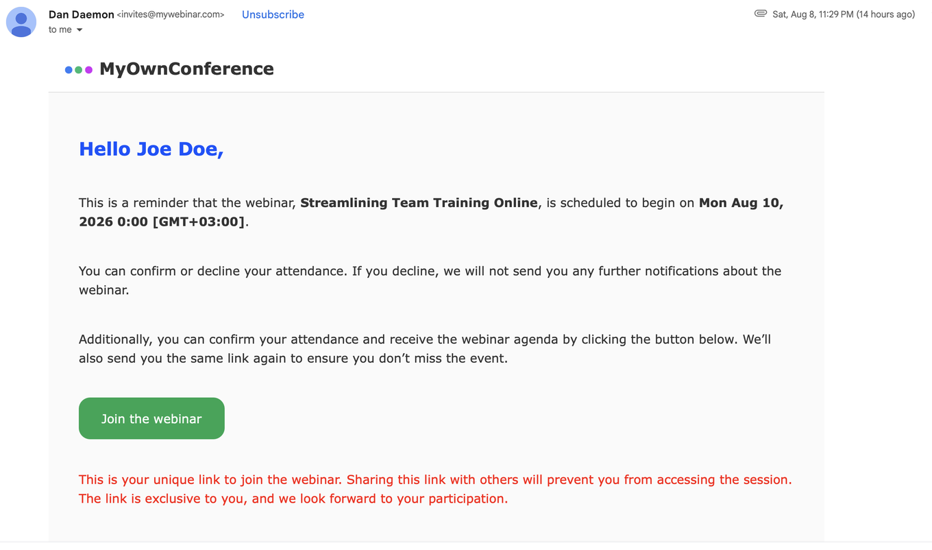 Email di invito con il nome del webinar, l'ora di inizio e il pulsante per entrare