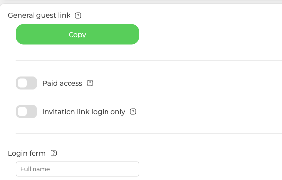 L'interruttore «Solo accesso tramite link di invito» nella scheda «Ingresso», tra il link ospite generale e il modulo di accesso che sostituisce