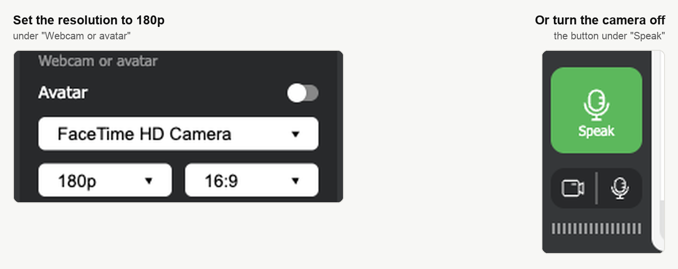 El bloque «Cámara web o avatar» de «Cámara web y micrófono» con la lista de resoluciones, y al lado el botón de cámara bajo «Hablar» en la columna izquierda