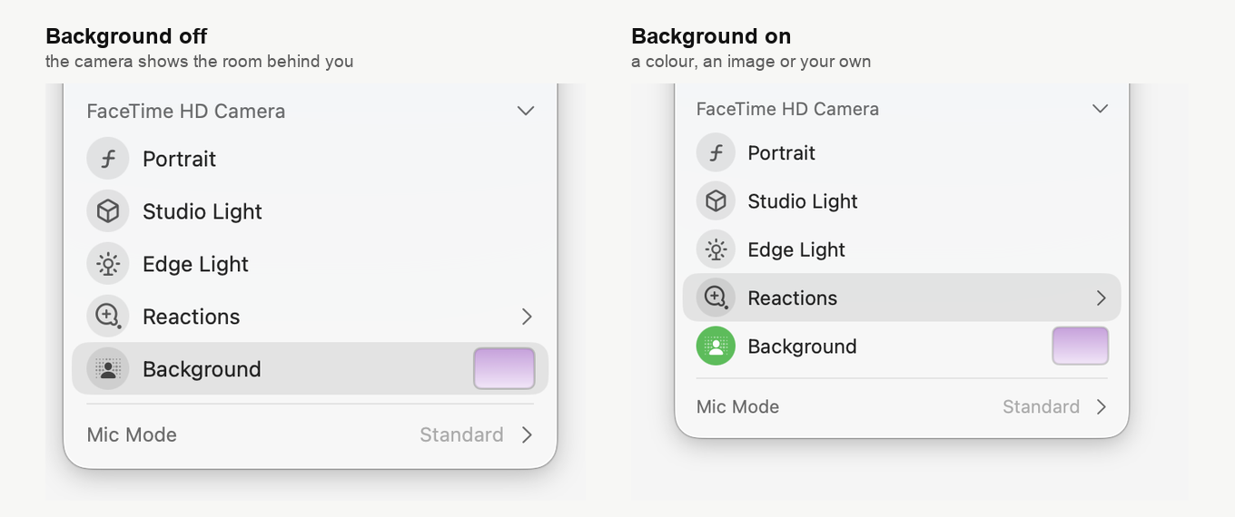 Menu wideo macOS dwa razy. Po lewej wiersz Background jest szary i nieaktywny, po prawej jego ikona świeci na zielono, a obok stoi próbka koloru