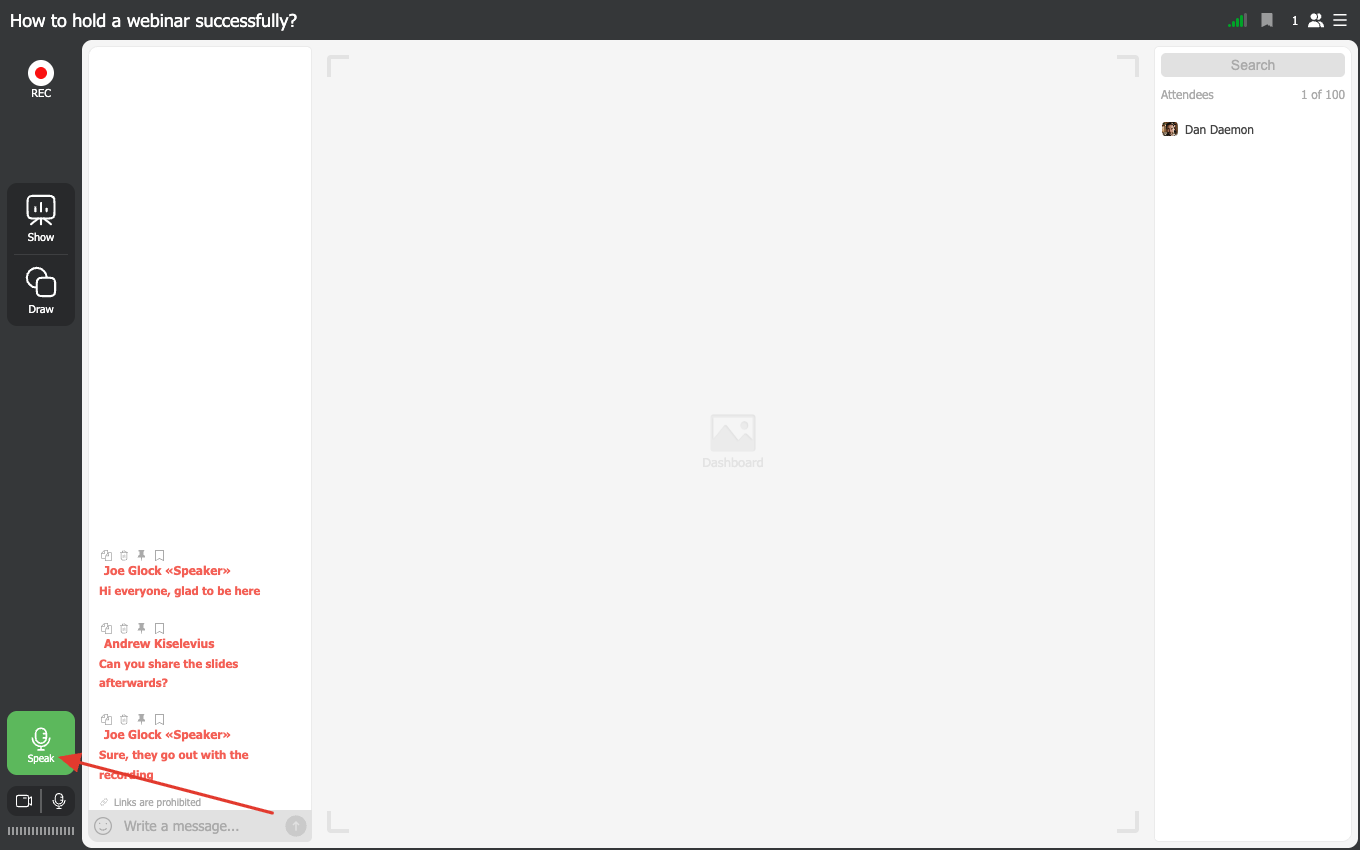 The webinar room with a red arrow pointing at the green Speak button in the bottom left corner