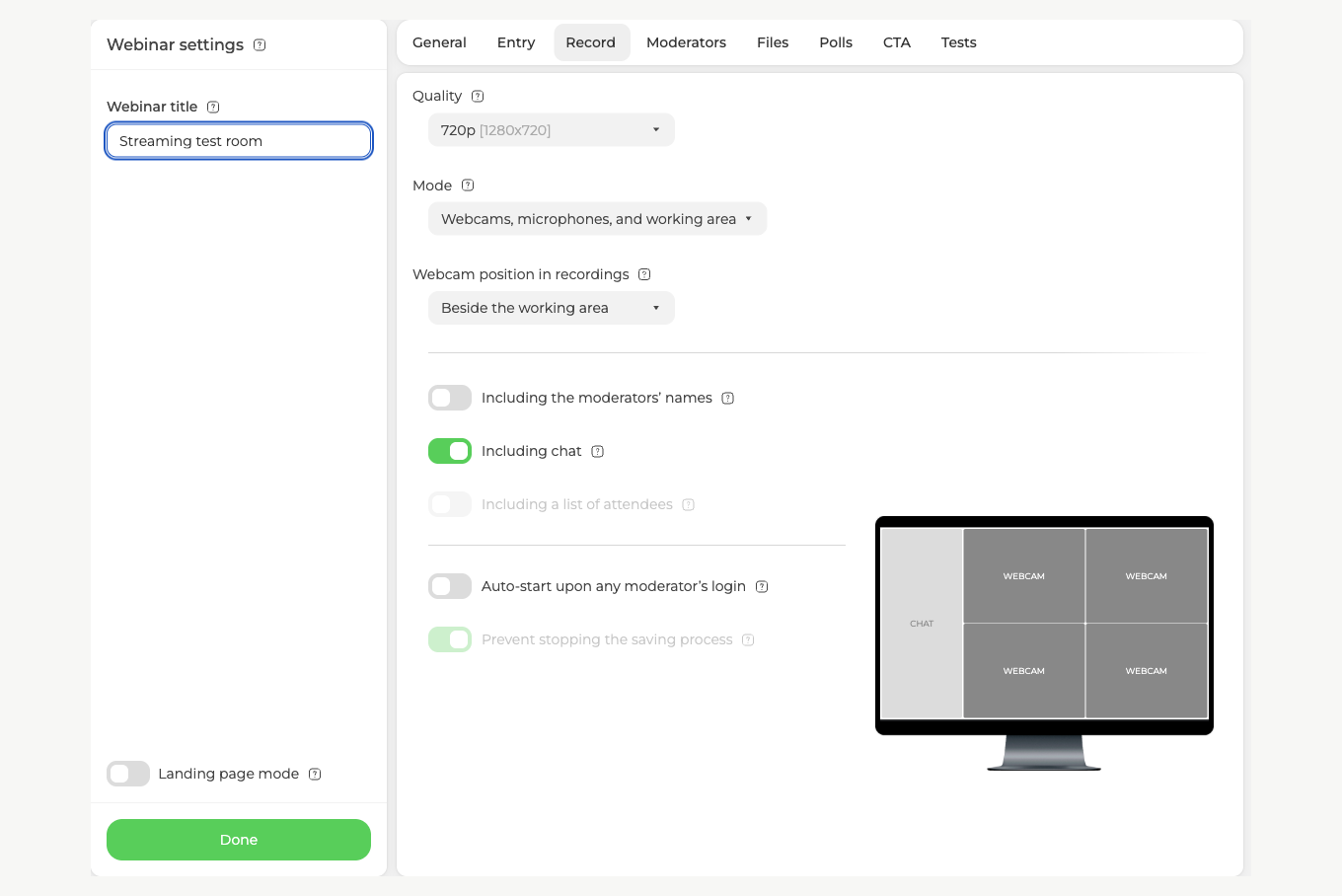 Die Registerkarte „Aufzeichnung“ in den Webinar-Einstellungen mit Qualität, Modus, Webcam-Position in Aufzeichnungen, den Schaltern und einer Vorschau rechts