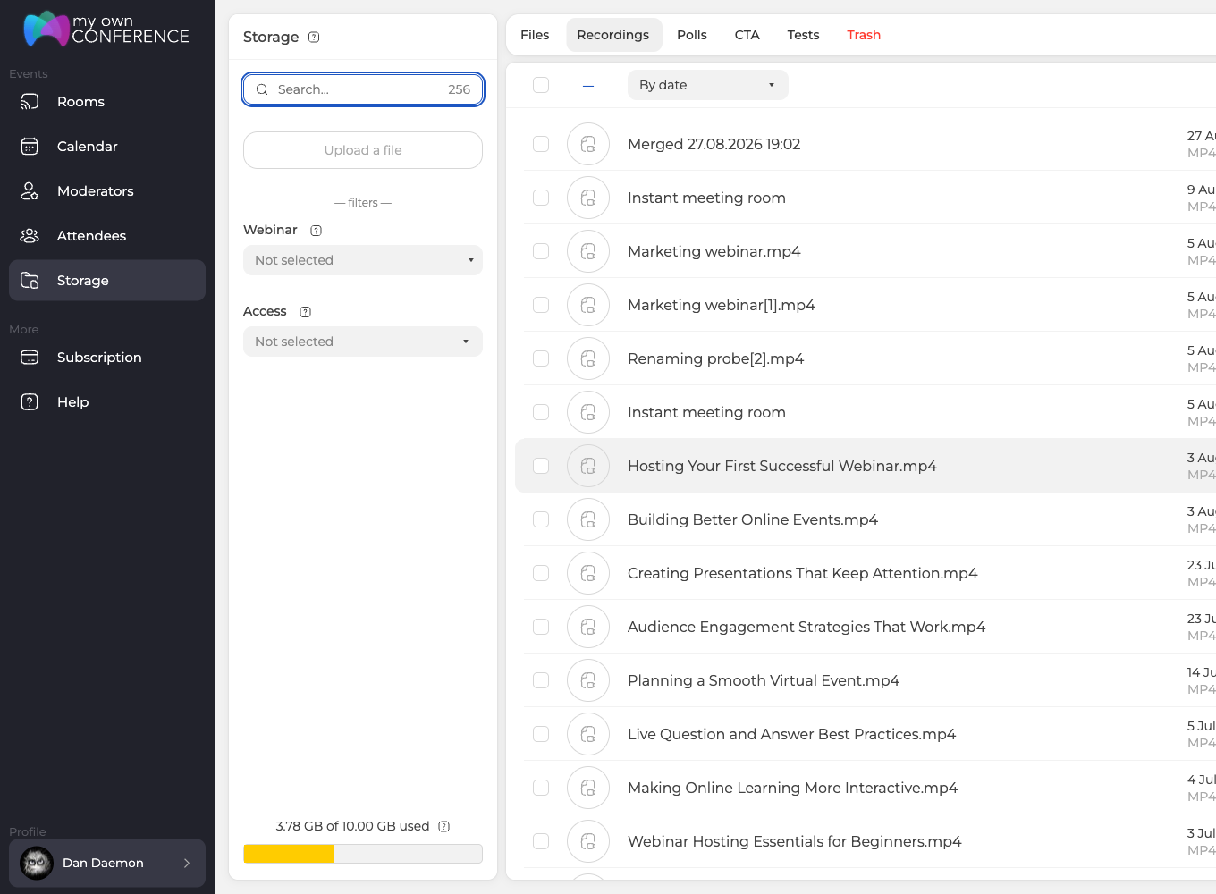 The Recordings tab in Storage, where every recording carries its date, duration and size