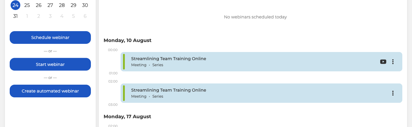 La pagina del calendario con i pulsanti Pianifica webinar, Avvia il webinar e Crea webinar automatizzato