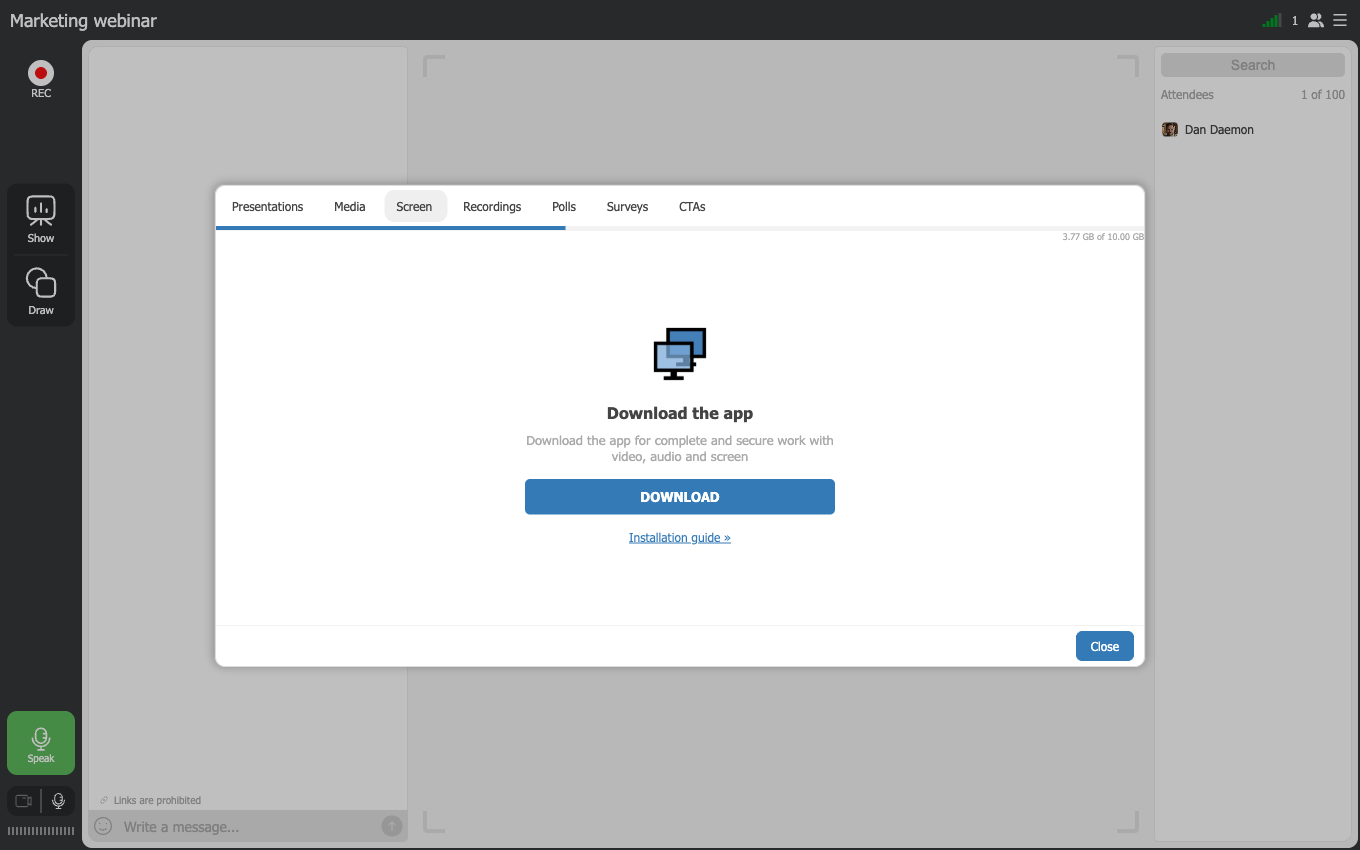 The Show panel of a webinar room open on the Screen tab, offering the app download
