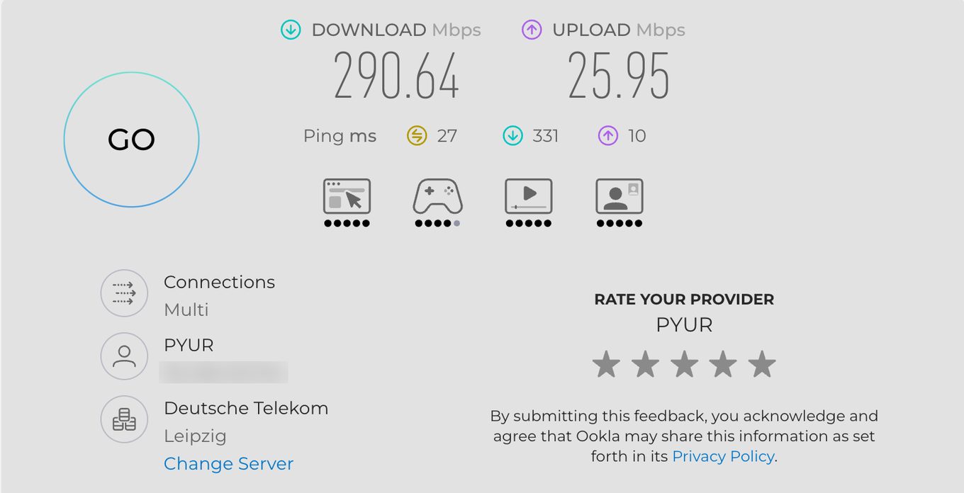 Ergebnis von Speedtest mit 290,64 Mbit/s im Empfang und 25,95 Mbit/s im Versand zu einem Server der Deutschen Telekom in Leipzig, über mehrere Verbindungen