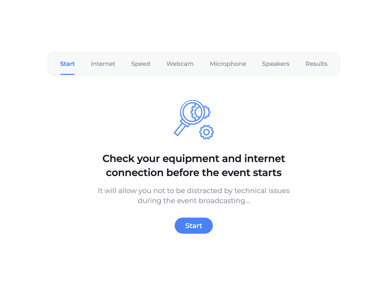 The opening screen of the connection tester with the start button