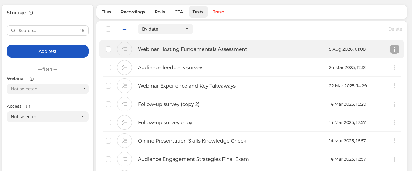 La sezione Archivio con la scheda Test aperta, il pulsante per aggiungere un test e i filtri per webinar e accesso