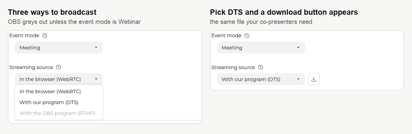 The Streaming source list open on its three options, beside the same field with DTS chosen and a download button next to it