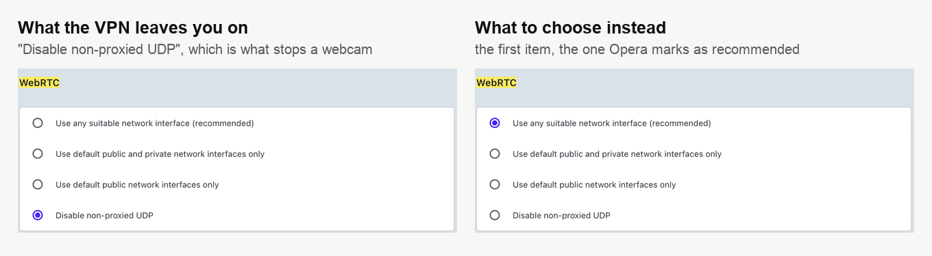 De groep WebRTC-keuzerondjes in Opera met Disable non-proxied UDP aangevinkt, naast dezelfde groep waar juist de aanbevolen optie aanstaat