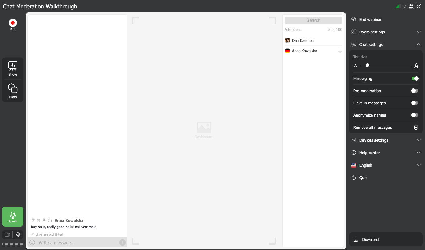 Panel Ustawienia czatu w pokoju webinarowym z przełącznikami moderacji