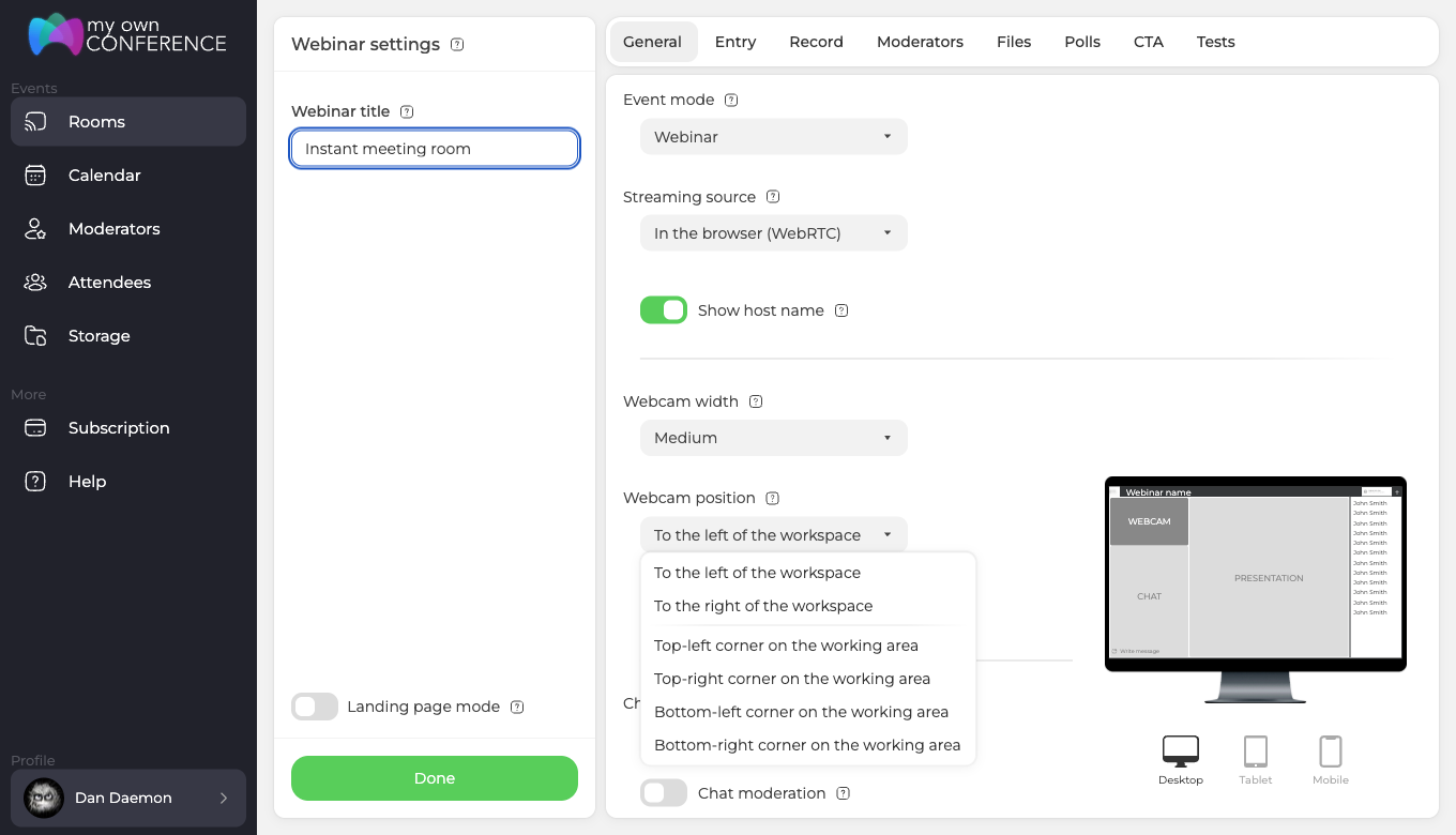 Webcam position setting in the webinar room settings with the list of available layouts