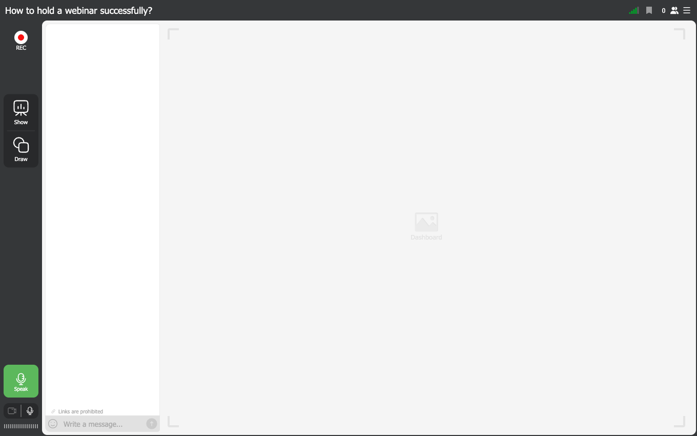 Una sala per webinar con la chat sulla sinistra, l'area di lavoro al centro e i comandi accanto