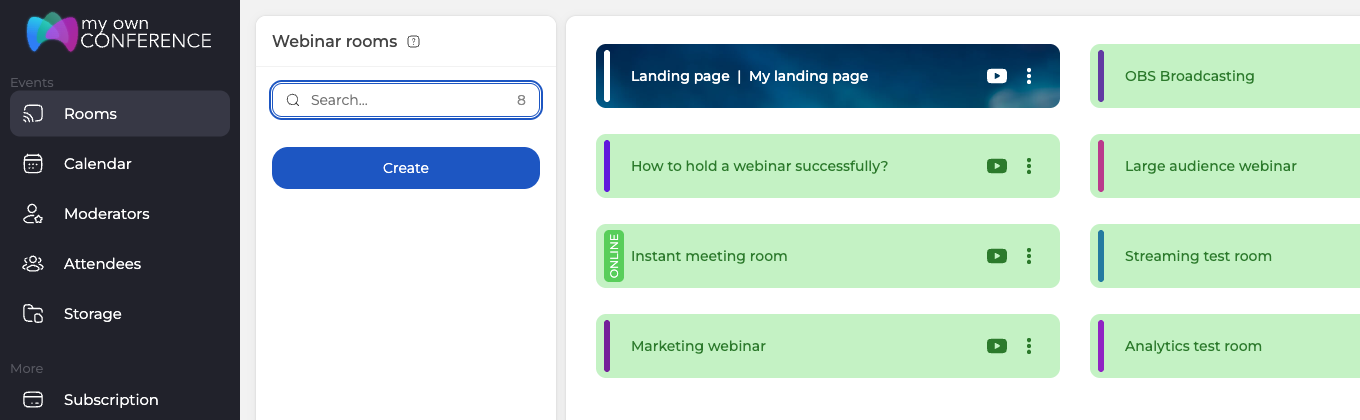 The Webinar rooms page with the Create button beside the list of existing rooms