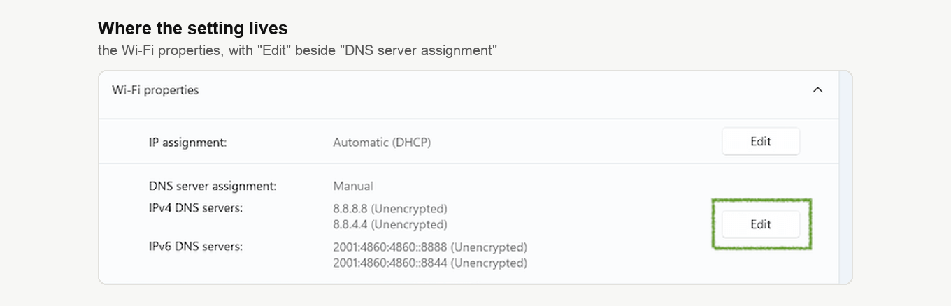 The Wi-Fi properties page with DNS server assignment set to Manual and an Edit button beside it