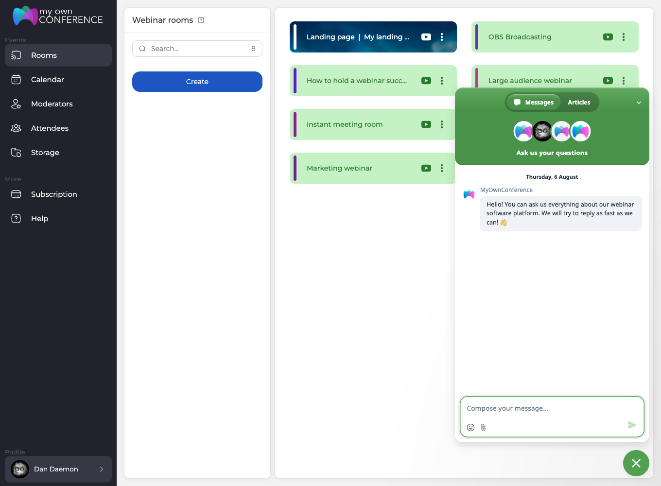 Der Support-Chat im Kontrollpanel, daneben die Reiter Messages und Articles