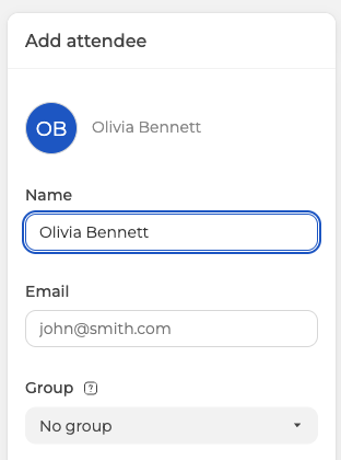 The Add attendee panel with the name filled in and the email field left empty