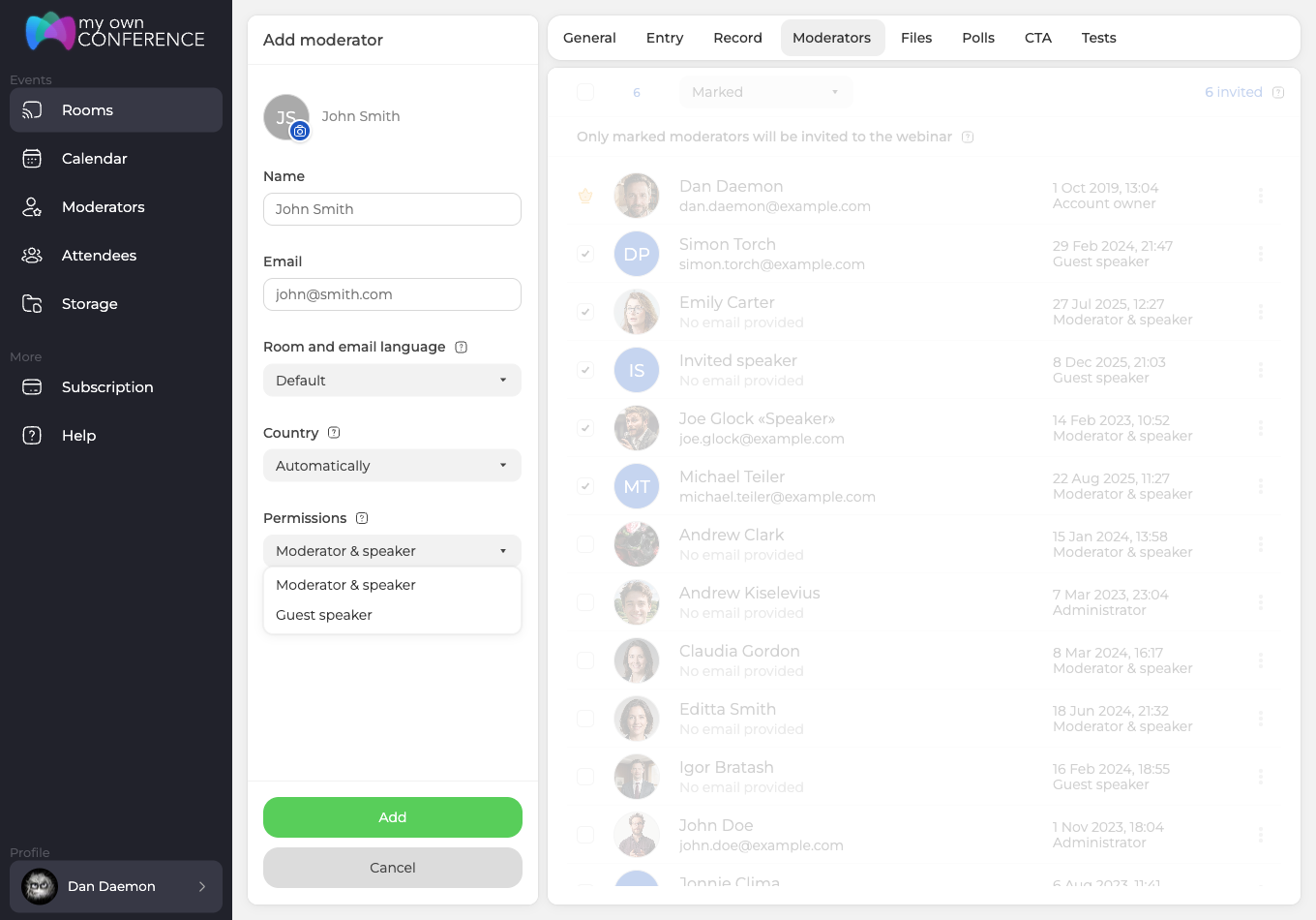 Форма додавання модератора з розкритим списком Permissions, де запропоновані Moderator and speaker і Guest speaker