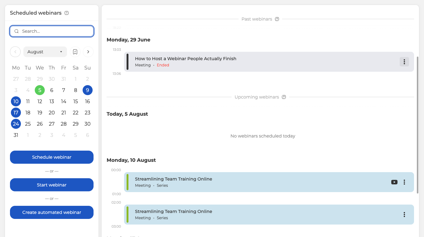 La pagina del calendario con i webinar passati e futuri e i pulsanti che programmano un webinar, ne avviano uno subito o creano un webinar automatizzato