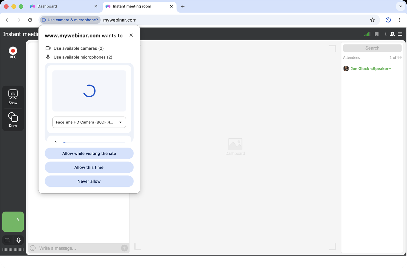 Chrome asking whether mywebinar.com may use the camera and microphone, with Allow while visiting the site at the top