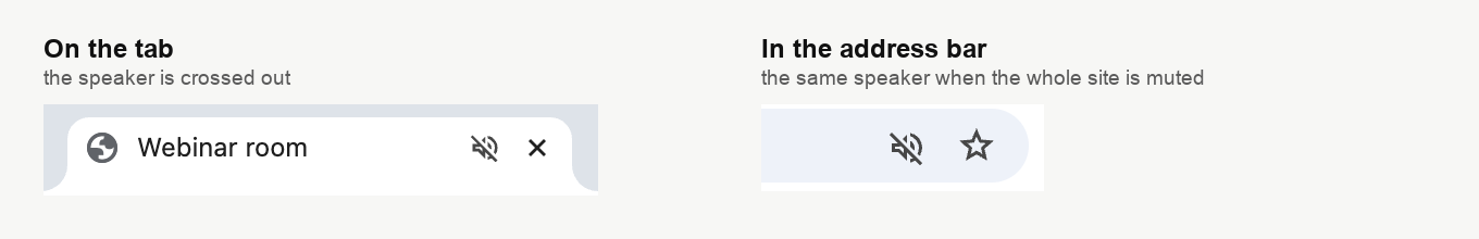 Ein Chrome-Tab mit durchgestrichenem Lautsprechersymbol und dasselbe durchgestrichene Symbol ganz rechts in der Adressleiste