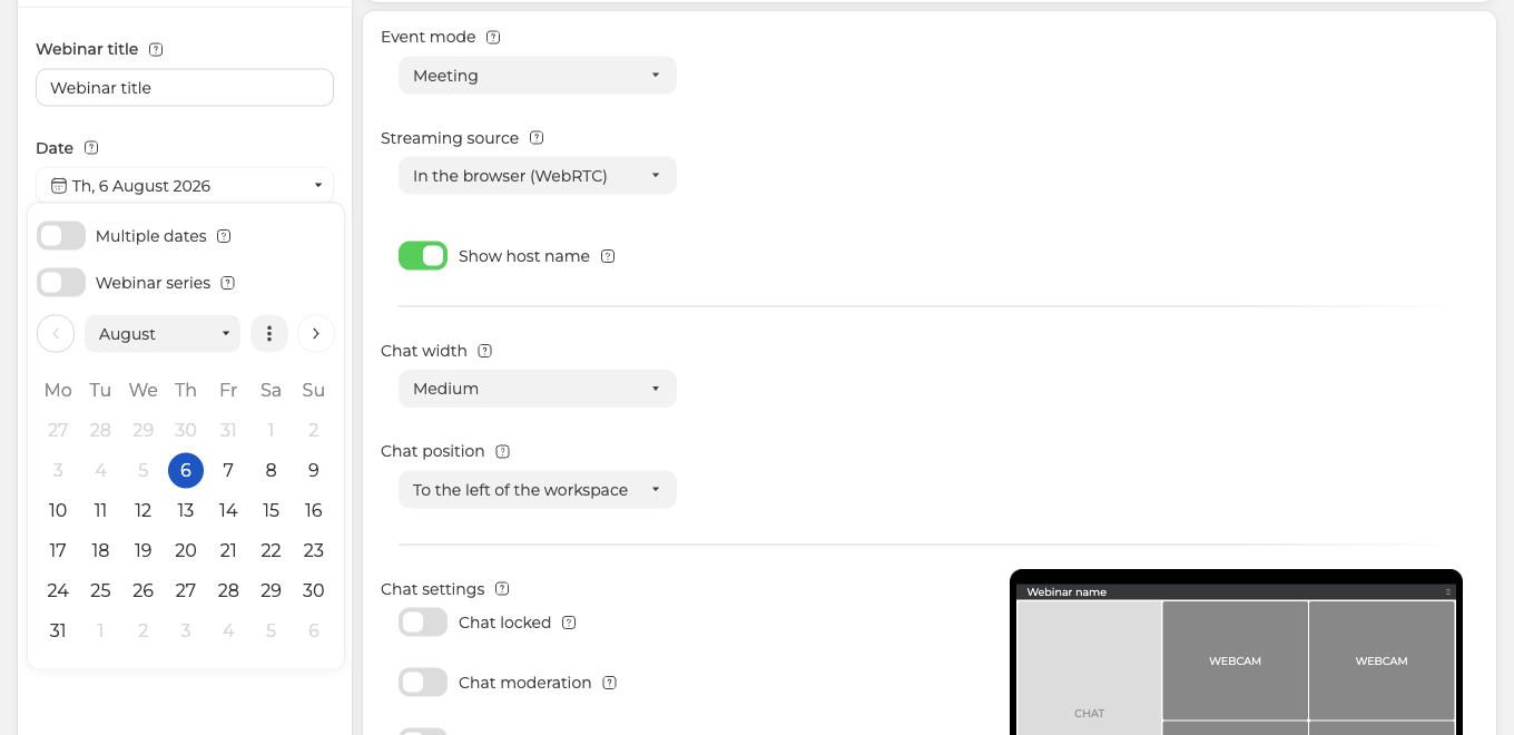 Il campo della data aperto, con gli interruttori Date multiple e Serie di webinar sopra la griglia del mese