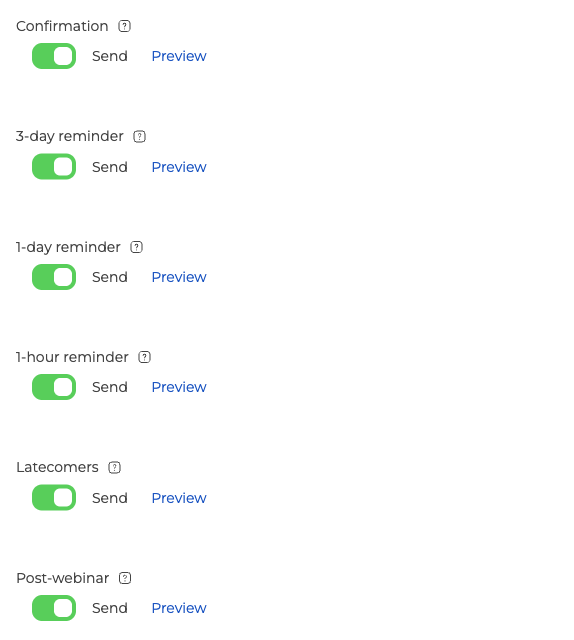 Die Liste der automatischen E-Mails, jede mit einem Schalter Senden und einem Link Vorschau