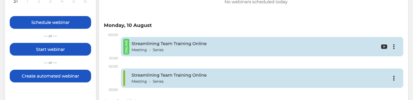 The Calendar with an ONLINE badge on the session a host has entered and no badge on the next one