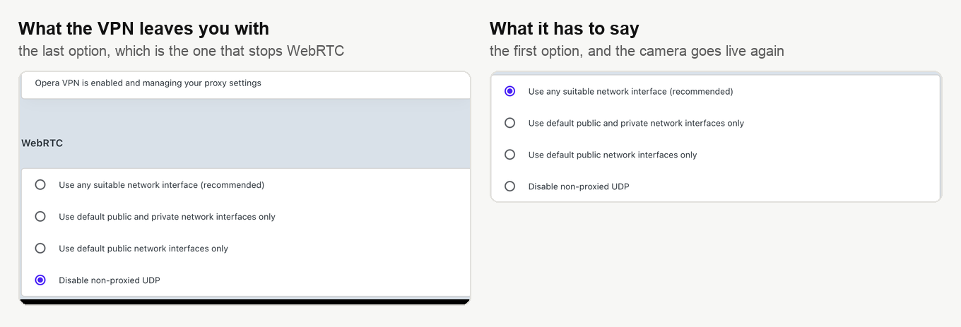El ajuste WebRTC de Opera en Disable non-proxied UDP junto al mismo ajuste en Use any suitable network interface