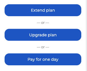 Die Knöpfe „Plan verlängern“, „Plan upgraden“ und „Für einen Tag bezahlen“