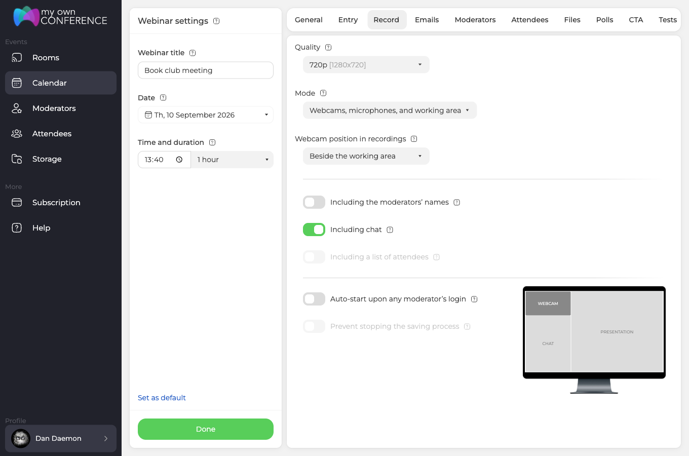 Karta Nagranie w ustawieniach webinaru z jakością 720p, wyborem trybu zapisu i przełącznikiem automatycznego startu nagrywania