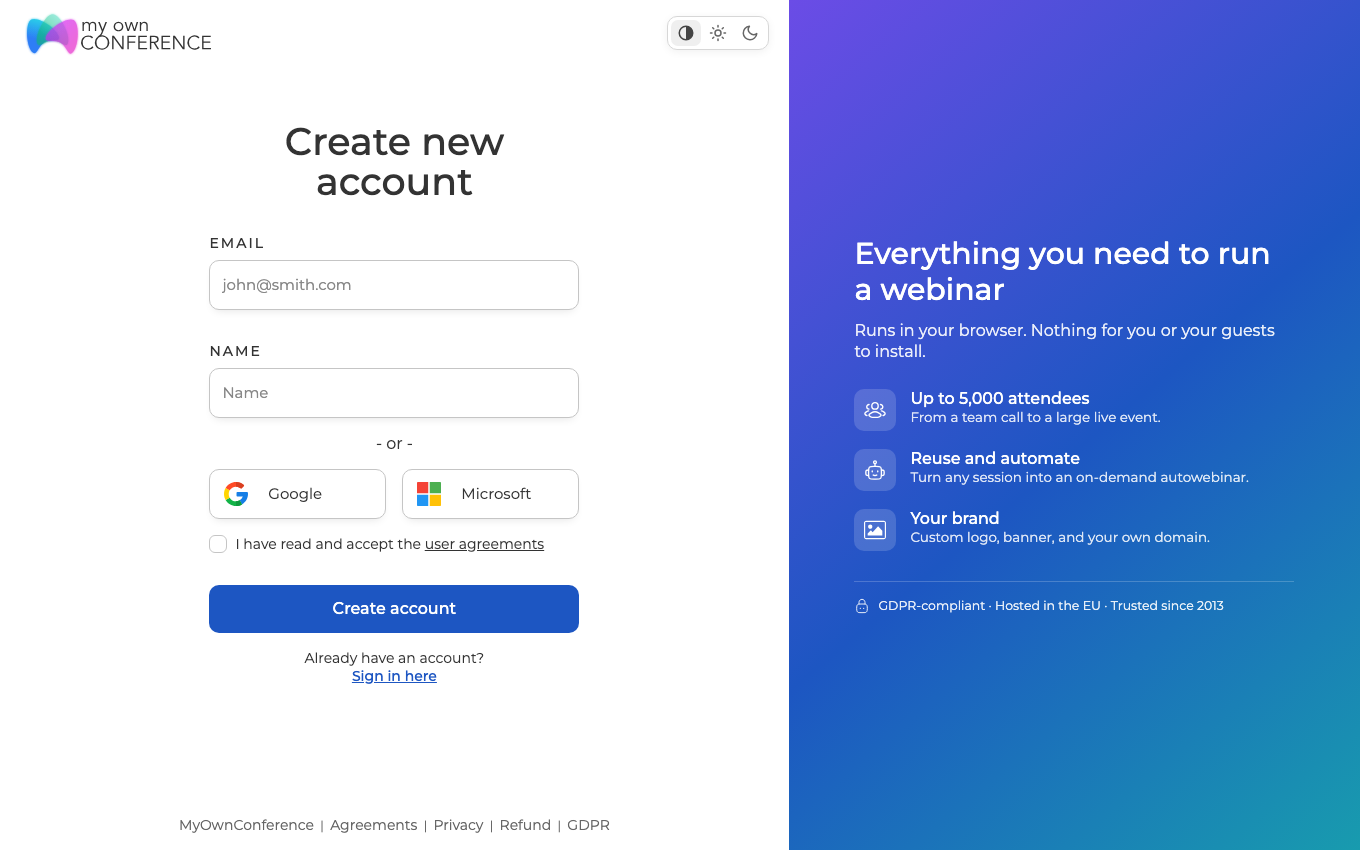 The MyOwnConference sign-up page Create new account, with Email and Name fields, Google and Microsoft buttons, a checkbox to accept the user agreements and a blue Create account button