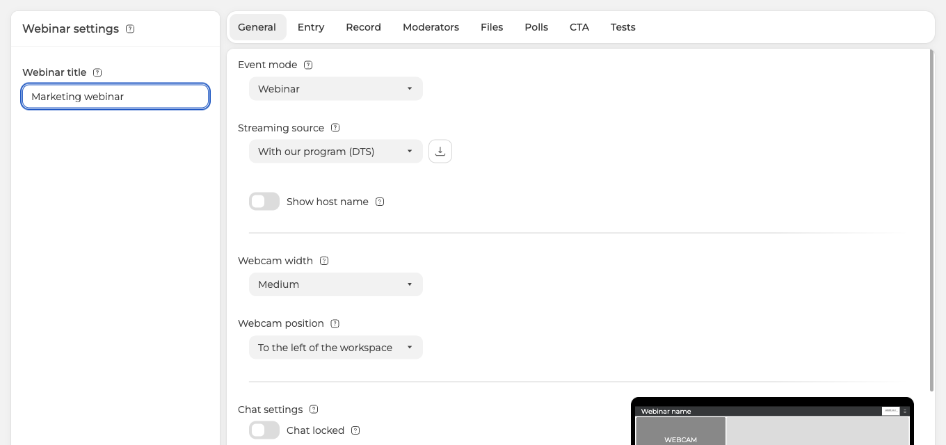 The room settings on the General tab, with the event mode and streaming source selectors