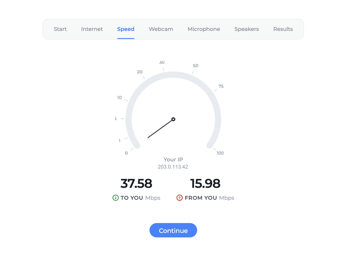 Der Schritt Speed im Tester mit 37,58 Mbit/s zu Ihnen und 15,98 Mbit/s von Ihnen