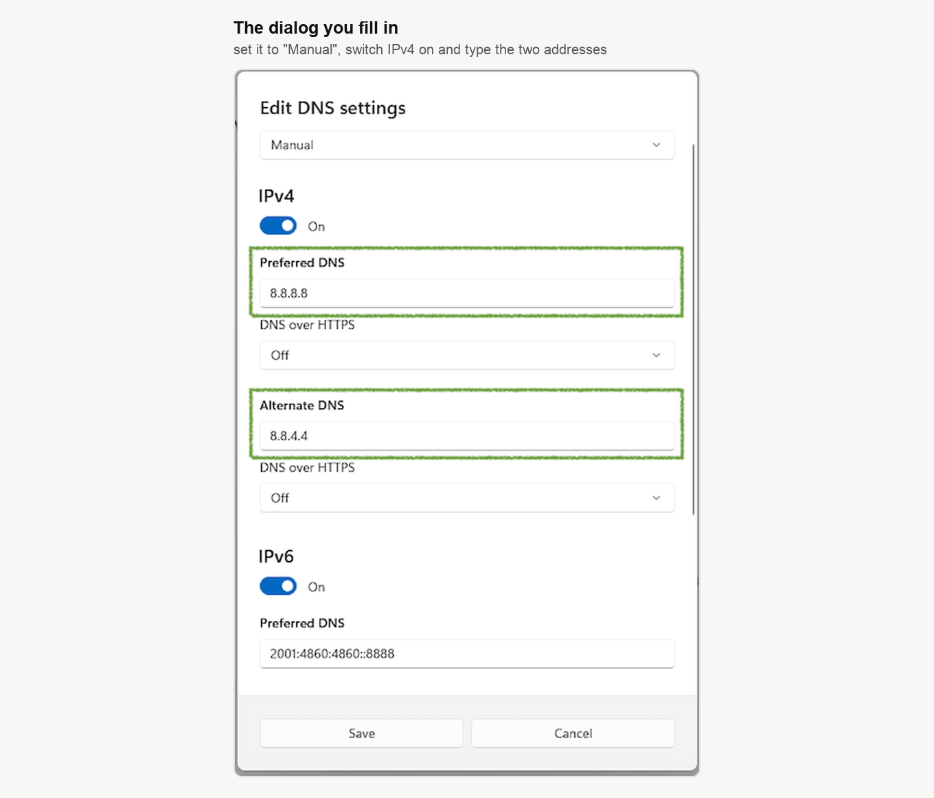The Edit DNS settings dialog set to Manual, with IPv4 switched on and the two Google addresses entered