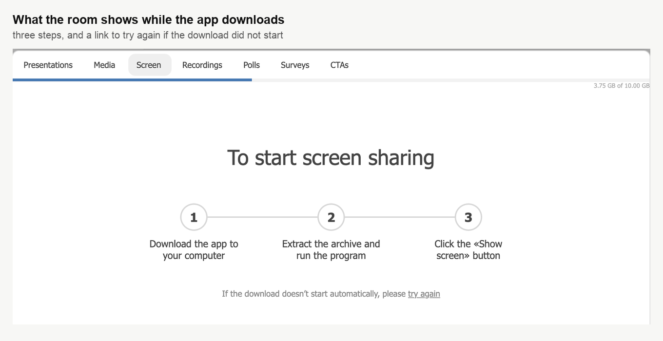 The Screen tab showing the three steps to start screen sharing, with a link to try again if the download did not start