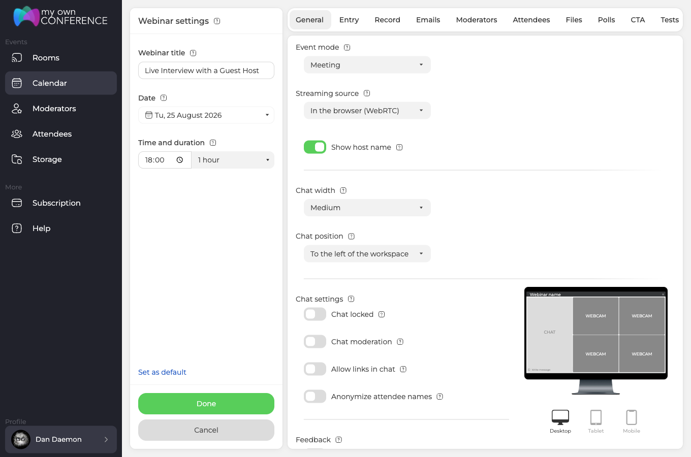 Okno ustawień webinaru z tytułem, datą oraz godziną rozpoczęcia