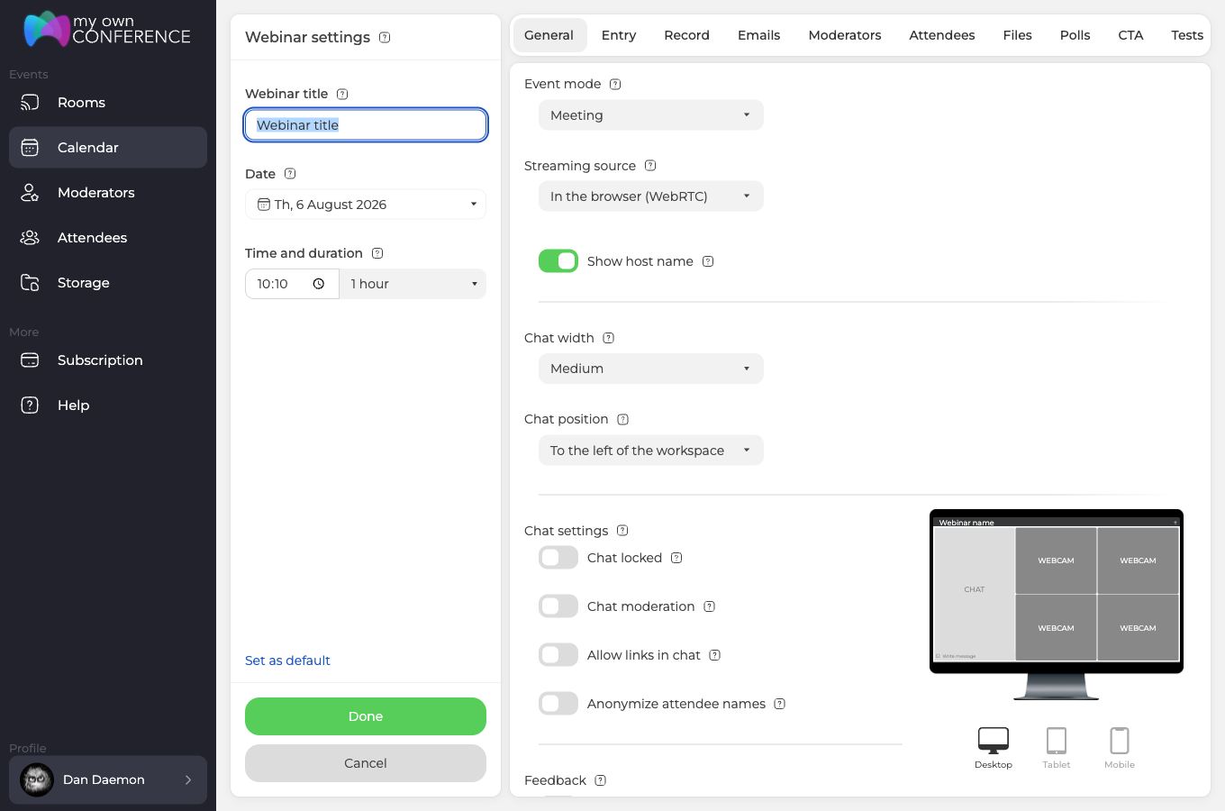 Le formulaire de création avec le titre du webinaire, la date, l'heure et la durée