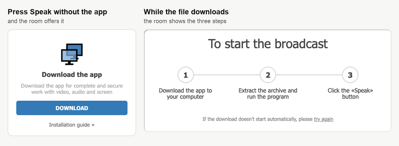 The Download the app window in the webinar room, beside the three steps the room shows while the file downloads
