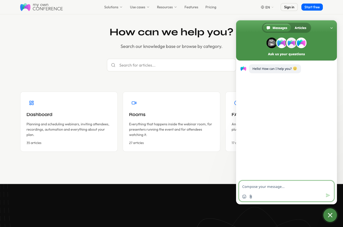 Das Hilfezentrum mit der Schaltfläche für den Support-Chat in der Ecke
